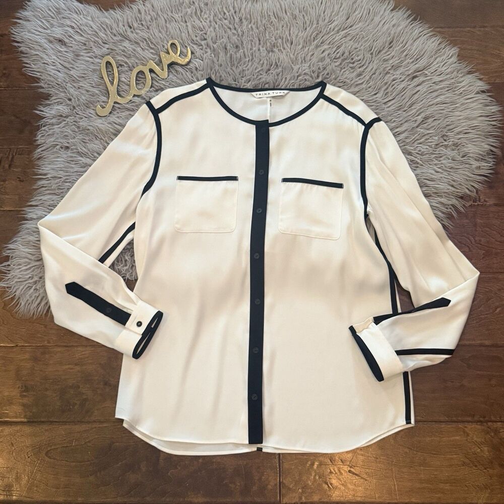 Trina Turk Women Ivory Black Trim Silk Long Sleeve Button Up Blouse size Medium